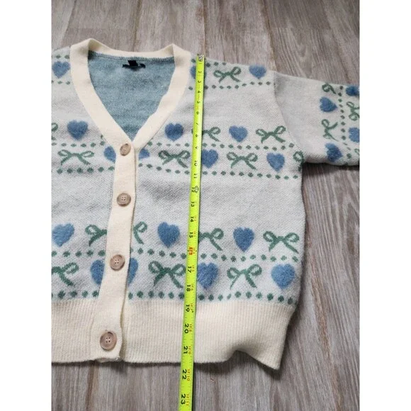 Girlish Heart Bow Cardigan Sweater Blue Cream Button Up Soft Knit Womens XL GUC - Picture 8 of 11